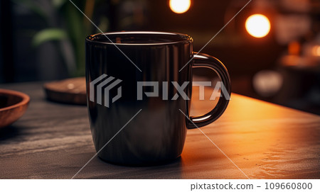 AI-generated content. Black Mug Mockup Against the Background of Blurred Lights 109660800