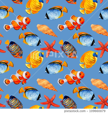 Seamless pattern of tropical fish and starfish on a blue background. Watercolor illustration. Beautiful clipart for fabric design, wallpapers, summer clothes, swimwear, wetsuits and beach mats. 109660879