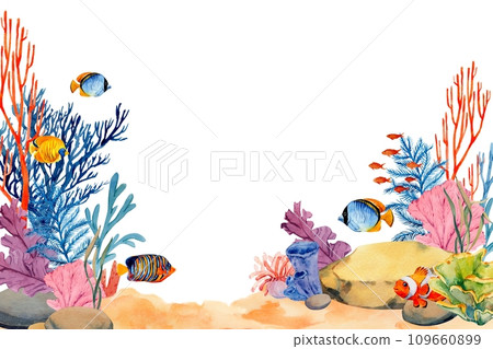 Coral reefs with tropical fish, rocks and algae. Underwater landscape. Bright watercolor illustration. The plot for the design of banners, souvenirs, postcards, posters, design and printing 109660899
