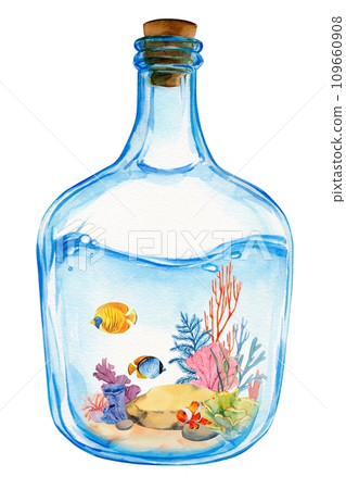 Underwater world in a glass bottle. Watercolor illustration of a reef in a transparent jar. Composition of bright fish, corals, sand. Clipart for summer design. 109660908