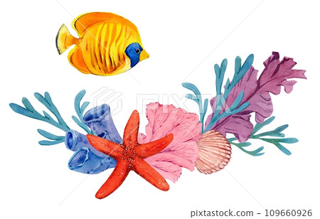 Coral reefs with tropical fish, rocks and algae. Bright watercolor illustration. The plot for the design of banners, souvenirs, postcards, posters, design and printing 109660926