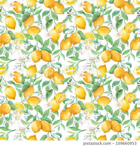 Watercolor lemon seamless pattern. Ripe citruses on branches, foliage and flowers on a white background. Tropical summer design for fabric, wallpaper, packaging, menu. 109660953