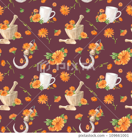 Calendula flowers on brown, pattern 109661001