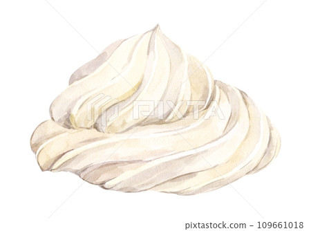 Whirlpool of whipped cream on a white background. Watercolor realistic illustration of white meringue. Vanilla ice cream for decorating the cake. Whirlpool of whipped cream on a white background. Watercolor realistic illustration of white meringue. Vanilla ice cream for decorating the cake. 109661018