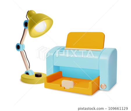3d Office Stationery Business Concept Cartoon Style Paper Printer and Table Lamp with Light Bulb. Vector illustration 109661129