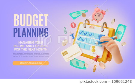 3d Budget Planning Managing Income and Expenses for Next Month Placard Poster Banner Card Template Cartoon Style. Vector illustration 109661248