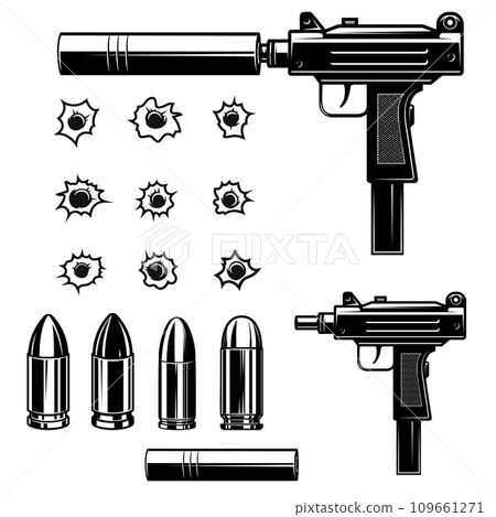 Set of uzi submachine gun, bullets, bullet holes, mufflers. Design element for logo, label, sign, emblem. Vector illustration 109661271