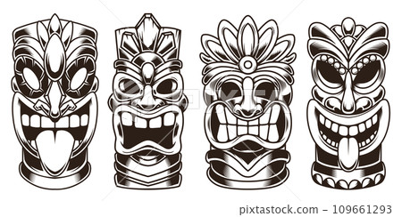 Set of tiki statues isolated on white background. Design element for logo, label, sign, emblem. Vector illustration 109661293