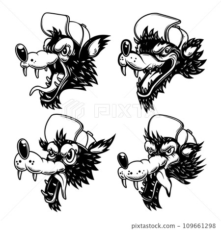 Set of illustrations of cartoon wolf in baseball hat. Design element for logo, label, sign, emblem, banner. Vector illustration Set of illustrations of cartoon wolf in baseball hat. Design element for logo, label, sign, emblem, banner. Vector illustration 109661298