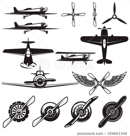 Set of airplanes, propellers. Aviation design elements for logo, label, sign, emblem. Vector illustration 109661348
