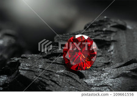 Red Ruby gemstone Round Cut on black coal background Red Ruby gemstone Round Cut on black coal background 109661556