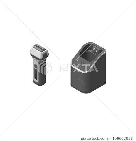 Illustration of a men's shaver and automatic washer drawn in isometric projection Illustration of a men's shaver and automatic washer drawn in isometric projection 109662031