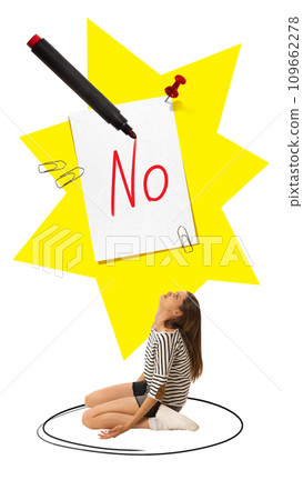 Woman sitting in sadness and despair. Refusal to apply for a vacancy. Contemporary art collage. Recruitment, job vacancy 109662278