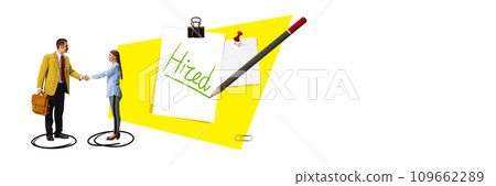 Hr manager shaking hand of woman, new employee get position in company. Successful job interview. Contemporary art collage. Recruitment, job vacancy 109662289