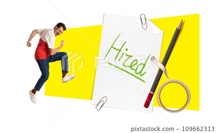 Happy man showing happiness and success. Get position in company. Contemporary art collage. Recruitment, job vacancy 109662313