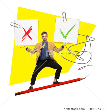 Equal chance. Man in formal wear holding decline and symbol of approval. Contemporary art collage. Recruitment, job vacancy 109662315