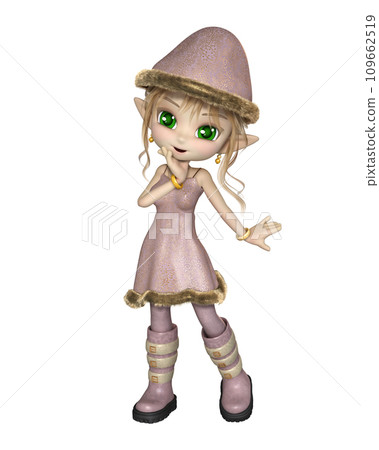 Cute Toon Christmas Elf Girl in a Pink Dress and Hat 109662519