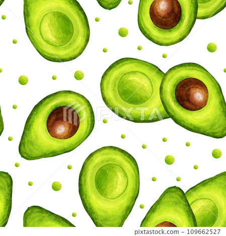 Avocado half seamless pattern. Avocado tropical fresh fruit hand draw watercolor illustration. For textile, paper, wallpaper, design. Avocado half seamless pattern. Avocado tropical fresh fruit hand draw watercolor illustration. For textile, paper, wallpaper, design. 109662527