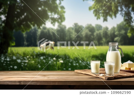 Empty wooden table with cheese and glass of milk. Cows grazing in the meadow in the background. Natural stage, background suitable for products or products for presentation 109662590
