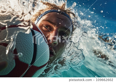Close-up shot of the water polo player with the ball 109662602