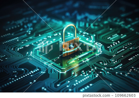 Cyber security concept. Padlock on circuit board background 109662603