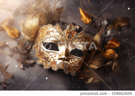 Festive venetian carnival mask on gray background, new year celebration 109662609