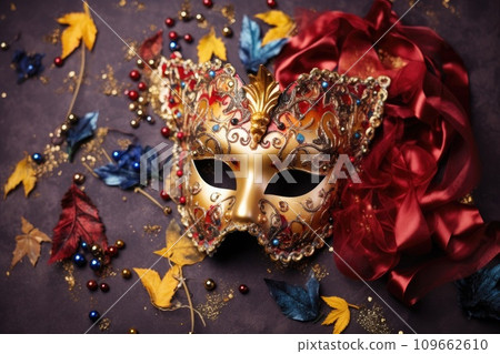 Festive venetian carnival mask on gray background, new year celebration 109662610