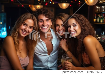 A man and three women at a party. New year celebration 109662642