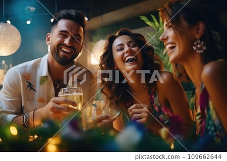 A man and two women at a party. New year celebration 109662644