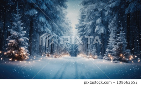 Snowy winter road with Christmas lights in spruce forest 109662652