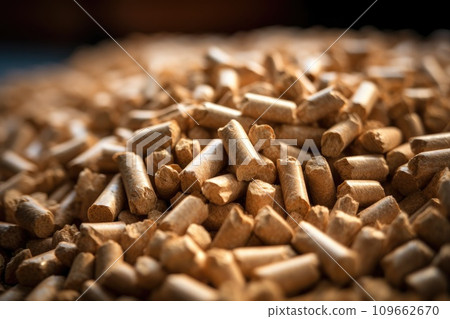 Pile of wood pellets on table. Ecologic fuel made from biomass. Renewable energy source. 109662670