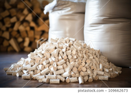 Pile of wood pellets in bags. Ecologic fuel made from biomass. Renewable energy source. 109662673