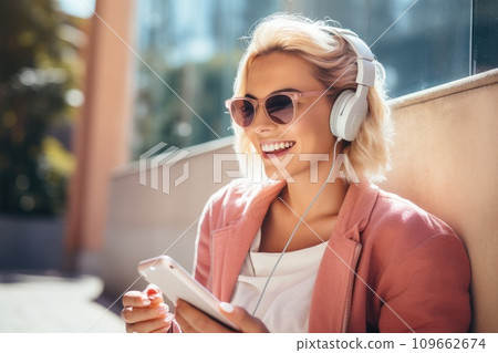 Young blonde woman listening to music on her smartphone on a sunny day outdoors. Young blonde woman listening to music on her smartphone on a sunny day outdoors. 109662674