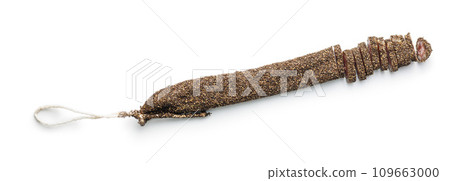 Smoked dried sausage. Sliced sausage isolated on white background. Smoked dried sausage. Sliced sausage isolated on white background. 109663000