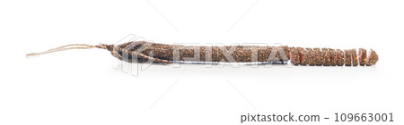Smoked dried sausage. Sliced sausage isolated on white background. Smoked dried sausage. Sliced sausage isolated on white background. 109663001