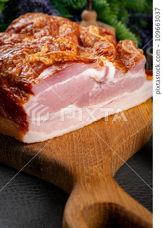 Raw smoked bacon. 109663037