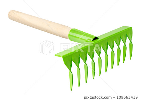Green metal rake with wooden handle 109663419