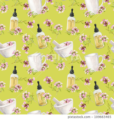 Seamless background with watercolor thyme. Ear with items for aromatherapy, making herbal tea or ecological cosmetics. Fragrant herb, essential oil in a bottle, herbal mortar, white ceramic mug. 109663465