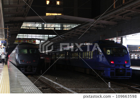 Limited Express Kamome and Limited Express Sonic stopping at Hakata Station 109663598