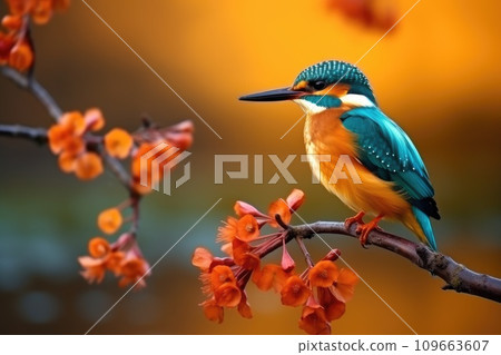 Common kingfisher, alcedo atthis, sitting on a twig in the autumn morning. Animal wildlife Common kingfisher, alcedo atthis, sitting on a twig in the autumn morning. Animal wildlife 109663607