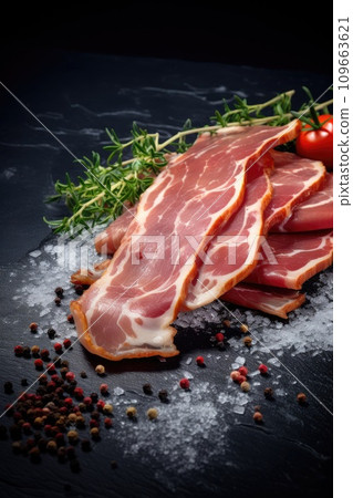 Delicious fresh thinly sliced pancetta with salt and spices on a dark background 109663621