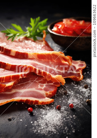 Delicious fresh thinly sliced pancetta with salt and spices on a dark background 109663622
