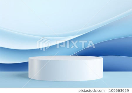Realistic white cylinder pedestal podium with wavy layers blue shape background. Luxury minimal scene for mock up products showcase Realistic white cylinder pedestal podium with wavy layers blue shape background. Luxury minimal scene for mock up products showcase 109663639