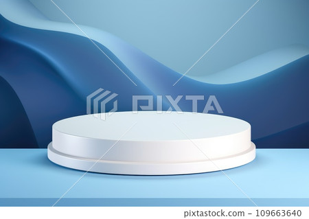 Realistic white cylinder pedestal podium with wavy layers blue shape background. Luxury minimal scene for mock up products showcase Realistic white cylinder pedestal podium with wavy layers blue shape background. Luxury minimal scene for mock up products showcase 109663640