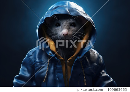 A rat in a blue jacket with a hood on a dark background A rat in a blue jacket with a hood on a dark background 109663663