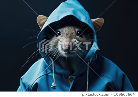 A rat in a blue jacket with a hood on a dark background A rat in a blue jacket with a hood on a dark background 109663664