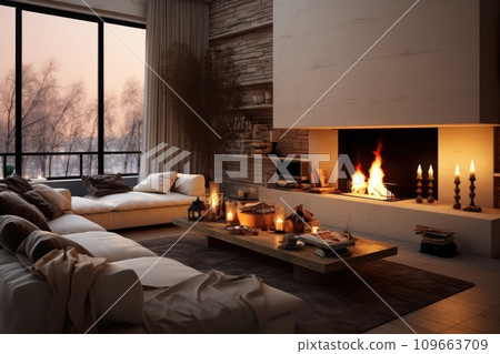 Minimalist interior style of modern living room with sofa, fireplace and concrete walls 109663709