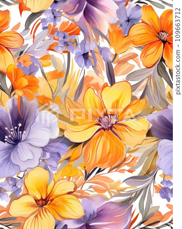 Orange and purple flower pattern. Seamless watercolor with flowers and leaves. 109663712