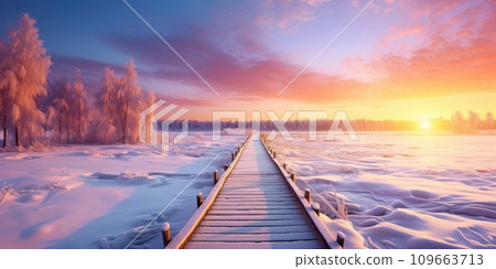Winter landscape with wooden path at sunset. Winter nature background 109663713