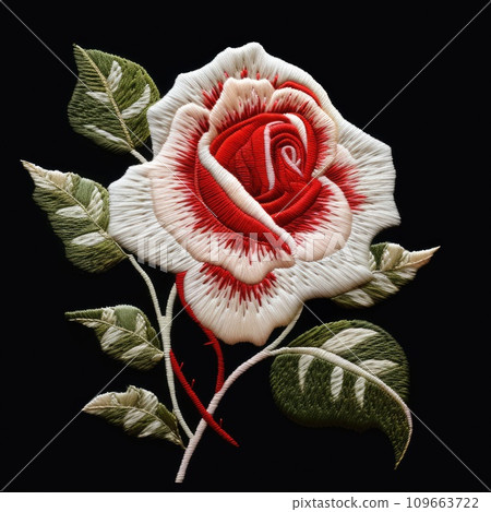 Red roses embroidery on black background. Red roses embroidery on black background. 109663722